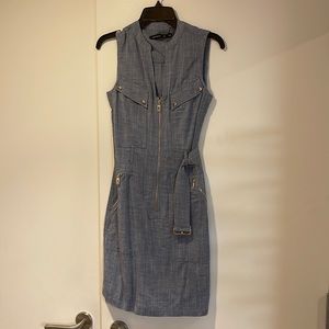 Karen Millen blue-grey dress Size 2 zippers and buttons, new never worn.